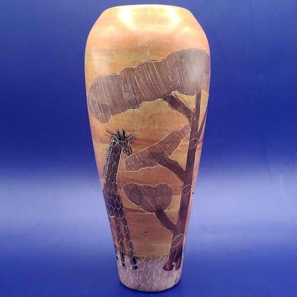 Kenya Vintage African Soapstone Vase Giraffes Trees Sunset Hand Carved Etched - Picture 1 of 10